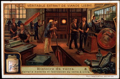 Az üveg története: A modern üvegáruk és az üveggyártás a 19. század végén. A 19. század végi liebig-kromolitográfia. alkotó: French School