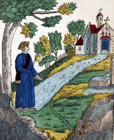 A négy fia, Aymon története; Maugis, miután foglyul ejtette Nagy Károlyt, egy remetelakba ment, hogy ott vezekljön, egy 19. századi gerinc képe. alkotó: French School