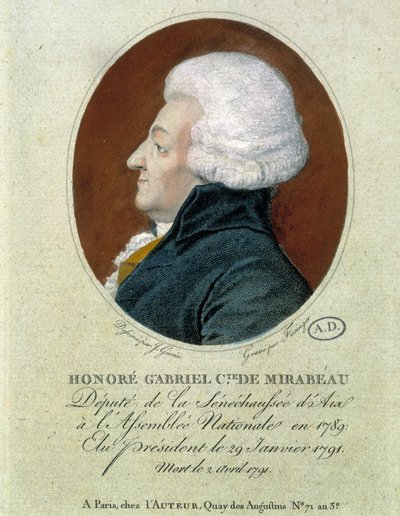 Honore Gabriel (Honore-Gabriel) Riqueti, Mirabeau grófja (1749-1791): 1789-ben az aix-i Seneschaussée képviselője a nemzetgyűlésben, 1791. január 29-én elnökké választották, 1791. április 2-án halt meg. alkotó: French School