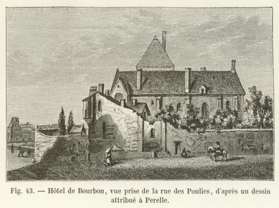 Hotel de Bourbon, Ansicht von der Rue des Poulies, nach einer Zeichnung, die Perelle zugeschrieben wird von French School