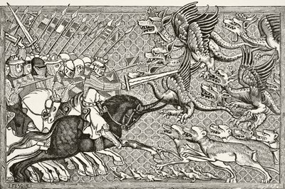 Hogyan harcolt Sándor a sárkányokkal és a Scorpion nevű fenevadfajjal, Paul Lacroix (1806-84) „Tudomány és irodalom a középkorban” című művéből, 1878-ban Londonban. alkotó: French School