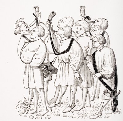 Hogyan kell kiabálni és kürtöt fújni, a 15. századi Phoebus-kézirat miniatűrje után, Paul Lacroix (1806-84) „Le Moyen Age et La Renaissance” című művéből, 1847-ben megjelent alkotó: French School