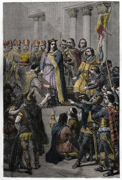 Hugh Capet királlyá választotta - Hugues Capet megkoronázása (kb. 941-996), Franciaország királya, 987. július 3-án Noyonban, Adalberon (kb. 925-990), reimsi archívum. alkotó: French School
