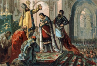 Hugues Capet, Franciaország királya 987 és 996 között, fiát, a leendő Jámbor Róbertet (972-1031), amelyet Adalberon (kb. 925-990), Reims archívuma szentelt meg, a Cathedrale d