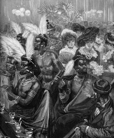 Emberi Állatkert: Zulu harcosok kiállítása a párizsi Cabaret des Folies Bergeres (Folies-Bergeres) páholyában 1879-ben. Metszet a „” Le Monde Illustré”” 1178. számában, 1879. november 21.. alkotó: French School