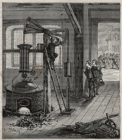 Humphrey Potter, aki Thomas Newcomen gépének szelepeinek nyitásáért és zárásáért volt felelős, a szelepek kinyitásához és zárásához megfelelő kötelek és buték elhelyezésével segítette működését. alkotó: French School