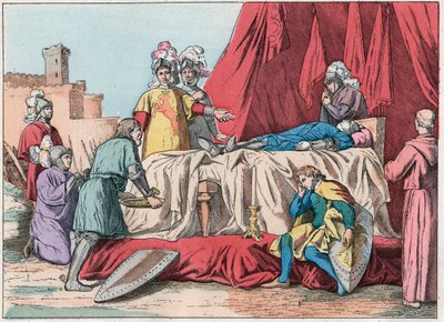 Százéves háború: "" Bernard du Guesclin (1320-1380) halála Chateauneuf de Randon előtt 1380. július 13-án" - Duguesclin halála (Chateauneuf-de-Randon ostroma alatt, 1380. július 13-án ) - A 19. század végi metszet „” Nos Giresben alkotó: French School