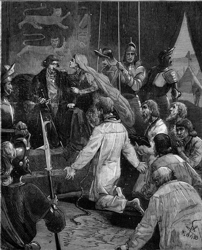 Százéves háború. A calais-i polgárok: Szent Péter Eustache és társai kegyelmüket kérik III. Edward angol királyhoz, akit Philippa hainaut-i királynő (1311-1369) támogat. alkotó: French School