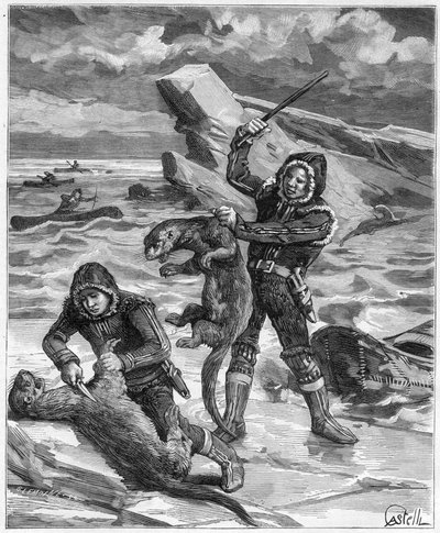 Vadász vidrák Alaszkában – az alaszkai vidrák vadásza 1888-ban – Metszet a „Journal des Voyages””-ban, 1888 alkotó: French School