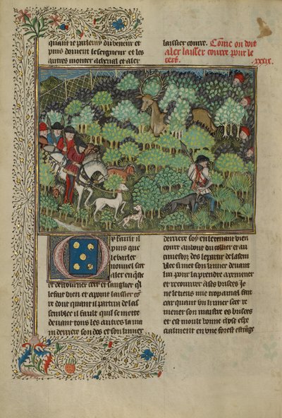 Szarvast üldöző vadászok, 1430-40 körül (tempera, aranyfesték, ezüstfesték és levélarany) alkotó: French School