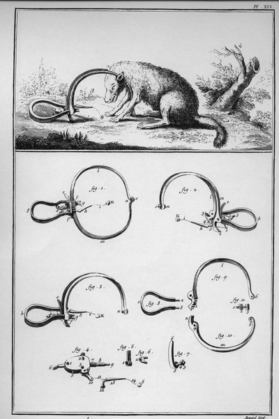 Vadászat – róka fogott a pályavason (Piege) – „” The Great Encyclopedie, ou Dictionnaire Raisonne des Sciences, des Arts et des Metiers”” (Encyclopedia vagy Dictionary of the Sciences, Arts and Professions) Denis Diderot (1713-1784) és Jean d