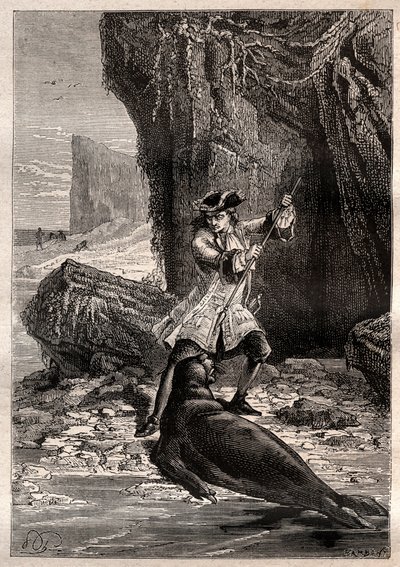A mellkasába nyomtam az ásót: Woodes Rogerst (1679-1732) egy tengeri kutya (fóka) támadta meg a Csendes-óceán egyik Galápagos szigetén 1709-ben – az illusztráció a „18. századi nagy tengerészek” című könyvből vett. alkotó: French School