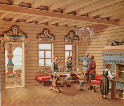 Egy orosz izba idealizált belseje, 1880 körül (színes metszet) alkotó: French School