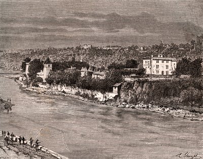 Ile Barbe a Saone közepén, Lyon 9. kerületében - „La France illustree: földrajz, történelem, statisztikai közigazgatás” metszet, V.-A. Maláta-barna. 1884 alkotó: French School