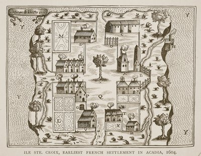 Ile Ste. Croix, a legkorábbi francia település Acadiában, 1604, Samuel de Champlain (kb. 1580-1635) Utakból, 1613 alkotó: French School