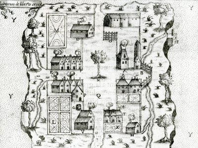Ile Ste. Croix, a legkorábbi francia település Acadiában, 1604, Samuel de Champlain (kb. 1580-1635) Utakból, 1613 alkotó: French School