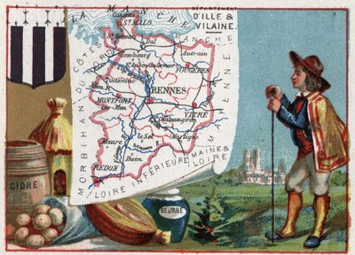 Ille-et-Vilaine (Ille et Vilaine, 35), Bretagne, Franciaország. Almabor és vaj. Sorozat a francia minisztériumokról. Kromolitográfia (Chromo) „” a földrajzi szál””, 1920 körül. Magángyűjtemény. alkotó: French School