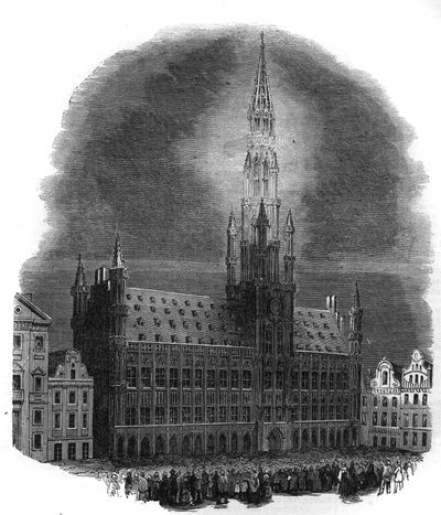 A brüsszeli városháza kivilágítása 1864. szeptember 26-án a Belgiumot a holland uralom alól felszabadító harcok évfordulója alkalmából. M.D.A. vázlatából Metszet a „The Illustrous Universe”-be alkotó: French School