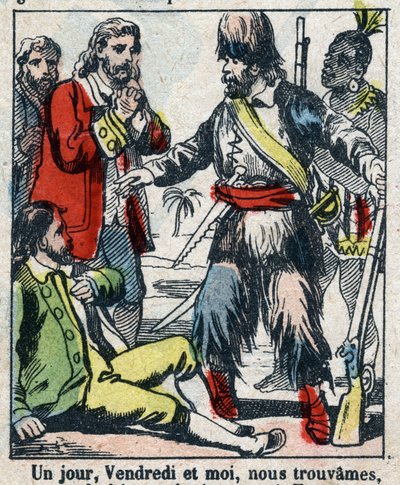 Illusztráció Daniel Defoe könyvéhez (De foe) „” Robinson Crusoe””. Epinális képalkotás a 19. század végéről. alkotó: French School