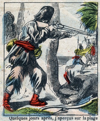 Illusztráció Daniel Defoe könyvéhez (De foe) „” Robinson Crusoe””. Epinális képalkotás a 19. század végéről. alkotó: French School