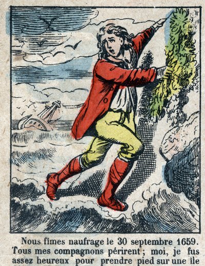 Illusztráció Daniel Defoe könyvéhez (De foe) „” Robinson Crusoe””. Epinális képalkotás a 19. század végéről. alkotó: French School
