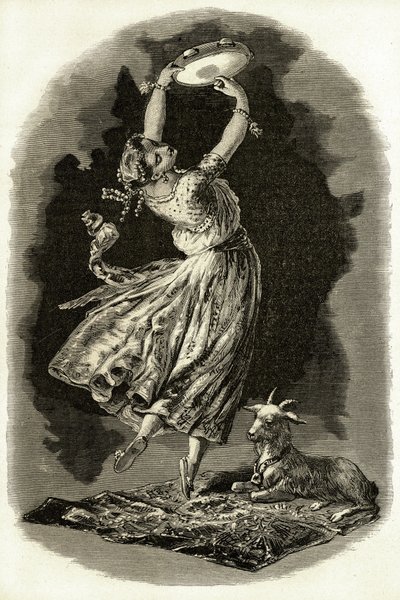 Illusztráció: Victor Hugo „Notre-Dame de Paris” című művéhez: Esmeralda tamburán táncol a kecskéje mellett, a XX. század elején (litho) alkotó: French School