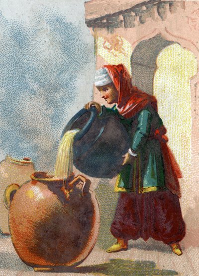 Illusztráció az Ezeregyéjszaka meséihez. Morgiane, Ali Baba (Ali Baba) rabszolgája, felismerve, hogy a vázákban tolvajok vannak, úgy vette el az életüket, hogy forró olajat öntött minden edénybe. Kromolitográfia 1890 körül. alkotó: French School