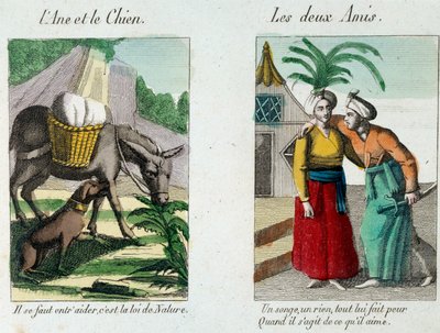 Illusztráció Jean de la Fontaine (1621-1695) meséihez: balra „” A szamár és a kutya””” jobbra „” Les deux amis””” Metszet a XIX. Musee La Fontaine, Chateau Thierry alkotó: French School