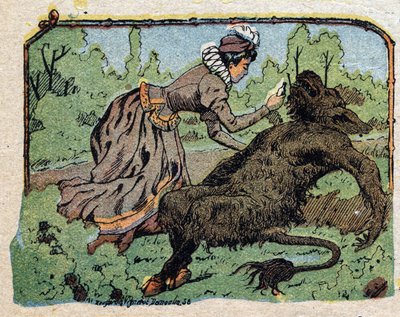 Illusztráció a „Szépség és a Bete” című meséhez: a szépség újraélesztette a bétát, aki elájult a fájdalomtól, amikor nem volt hajlandó házasságot ajánlani. Quinn-képek metszete, 1890 körül. alkotó: French School
