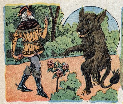 Illusztráció a „Szépség és a Béta” című meséhez: a kereskedő rózsát vág a Béta kertjében, hogy visszahozza lányának, Belle-nek. Quinn-képek metszete, 1890 körül. alkotó: French School