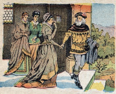 Illusztráció a „La Belle et la Bete” című meséhez: az útra induló kereskedő elbúcsúzott három lányától, és hazatérve ajándékot ígért nekik. Quinn-képek metszete, 1890 körül. alkotó: French School