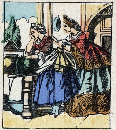 Illusztráció Charles Perrault „Hamupipőke vagy A kis üvegpapucs” című meséjéről. Imaging Pellerin fametszete - Epinal, sd. 19. század vége. alkotó: French School