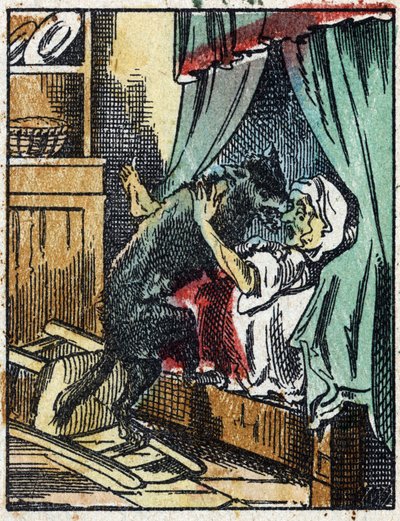 Illusztráció Charles Perrault „A Piroska” című meséjéhez. Fametszet az Imaging Pellerin-től - Epinal, sd. 19. század vége. alkotó: French School