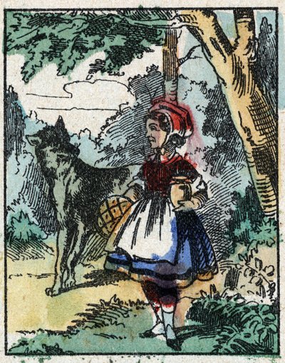 Illusztráció Charles Perrault „A Piroska” című meséjéhez. Fametszet az Imaging Pellerin-től - Epinal, sd. 19. század vége. alkotó: French School