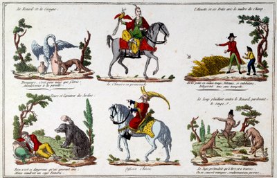 Illusztrációs tábla Jean de La Fontaine (1621-1695) meséihez: a róka és a gólya, a kínai sétáló, a medve és a kert szerelmese, a kínai tiszt. Metszés alkotó: French School