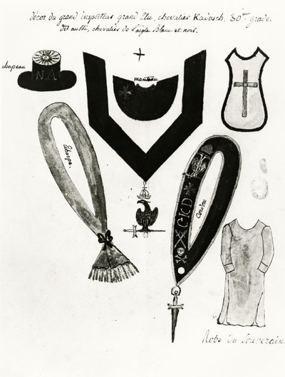 Illusztrációk a szabadkőműves regáliákról és a 30. fokozatú Kadosh lovag ruhájáról a szabadkőművesség skót rítusában, 1813 (toll, tinta és gouache papíron) alkotó: French School