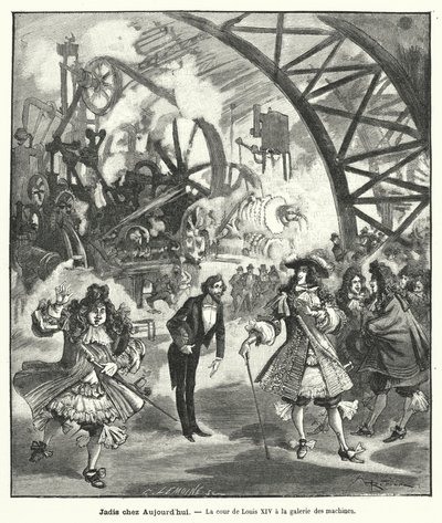 XIV. Lajos király és udvara képzeletbeli látogatása a párizsi Exposition Universelle géppavilonjában 1889-ben (metszet) alkotó: French School