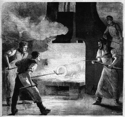 Douai Imperiale öntöde, acélrúdból készült hordó gyártása. metszés alkotó: French School