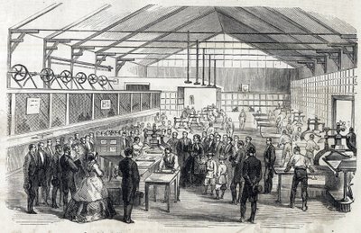 Impress Eugenie és a császári herceg látogatása a Banque de France-ban, 1866. június 23. - bankjegynyomtatás - metszet a Le MONDE Illustrousban DU 1866.07.07. alkotó: French School