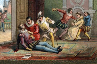 1589-ben Jacques Clement szerzetes szúrással meggyilkolta III. Henrik királyt, miután levelet olvasott fel. A király Navarrai Henrik karjaiban halt meg. Kromolitográfia 1890 körül. alkotó: French School