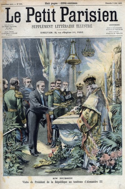 Oroszországban: Emile Loubet elnök (1838-1929) látogatása III. Sándor (1845-1894), oroszországi császár sírjánál a „Le petit Parisien”-ben. alkotó: French School