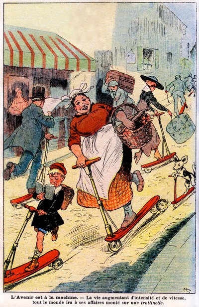 A jövőben az élet egyre intenzitása és sebessége, mindenki megy a dolgára kap egy robogóra. 1919 (metszet) alkotó: French School
