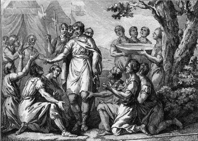 Pharamond felavatása (5. század): a Francs Pharamond (vagy Pharamun vagy Faramund vagy Paramund) királyának szentsége. 18. századi metszet. alkotó: French School