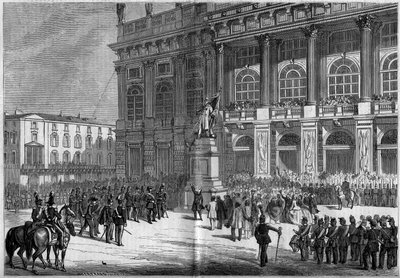 Vincenzo Vela (1820-1891) szardíniai emlékművének felavatása a torinói Chateau téren 1859. április 10-én. A szobor mögött található a „Palazzo Madama”. Mr. Ferry vázlatai alapján. Metszet a „” Le Monde Illustré”” 106. számban, április 23. 18. alkotó: French School