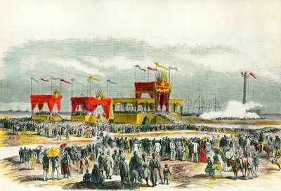 A Szuezi-csatorna felavatása Egyiptomban 1869-ben: Port Saidban énekel a „Te deum”. A csatornát a Vörös-tenger és a Földközi-tenger összekötésére hozták létre. alkotó: French School