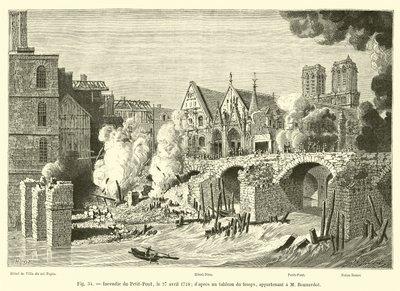A Petit-Pont tüze, 1718. április 27.; egy korabeli, M Bonnardot-hoz tartozó táblázatból alkotó: French School