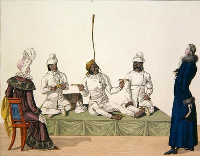 Indiai zsonglőrök egyensúlyozást végrehajtó, 87. lemez a „le Bon Genre”-ből, 1810 körül (színes metszet) alkotó: French School