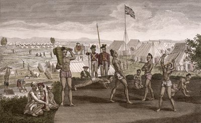 Indiai harcosok gyakorlatozó kilátással az angol rezidensek táborára, 1810 körül alkotó: French School