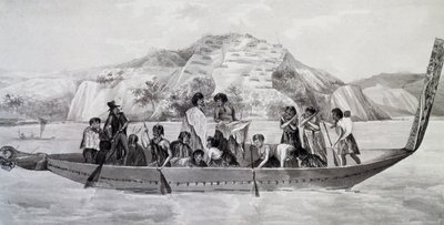 Új-zélandi bennszülöttek a pirogue-on, megerősített faluval a háttérben, április 10 alkotó: French School