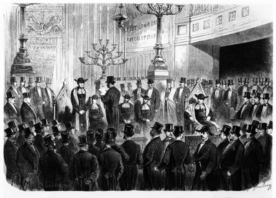 Lazard Isidor francia főrabbi beiktatása 1867-ben a párizsi Notre-Dame-de-Nazareth zsinagógában alkotó: French School